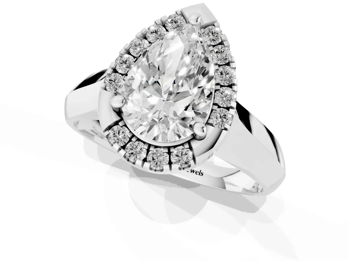 Pear Cut Cut Halo Solitaire Engagement Ring with Square Band and Four-Prong Setting Platinum