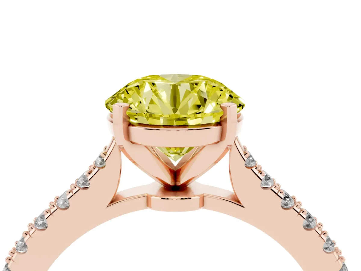 Fancy Yellow Round Cut Cut Solitaire Diamond Engagement Ring with Pave Band and Four-Prong Setting Rose gold