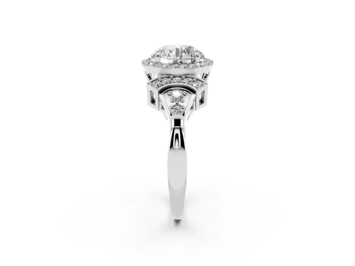 Round Cut Halo Diamond Split Shank Engagement Ring with Four-Prong Setting Silver