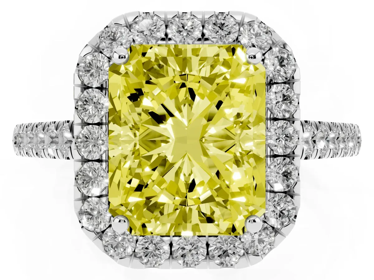 Fancy Yellow Radiant Cut Halo Pave Diamond Engagement Ring with Four-Prong Setting Silver