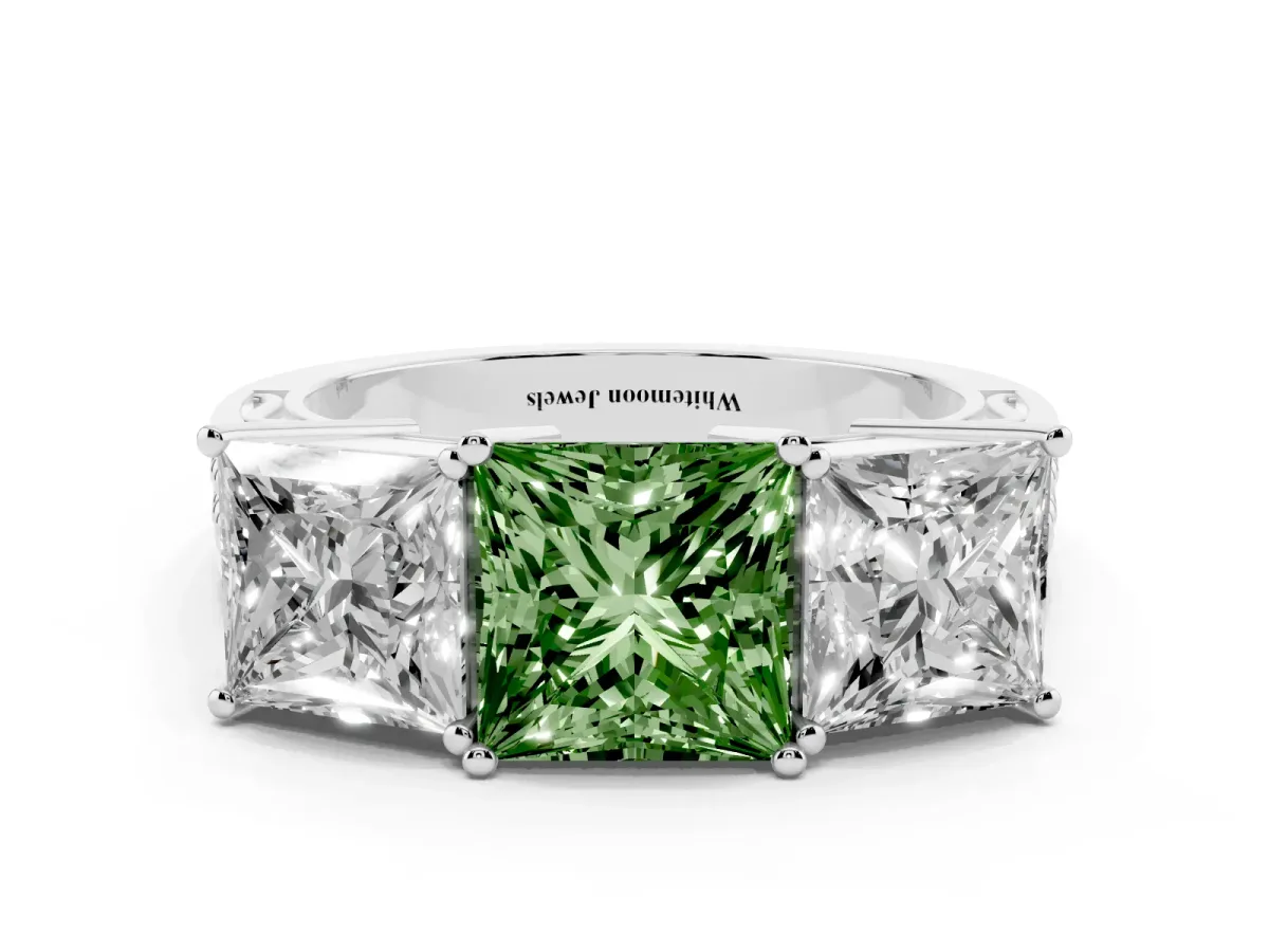 Fancy Green Princess Cut Diamond Three-Stone Ring with Prong Setting and Textured Band Silver