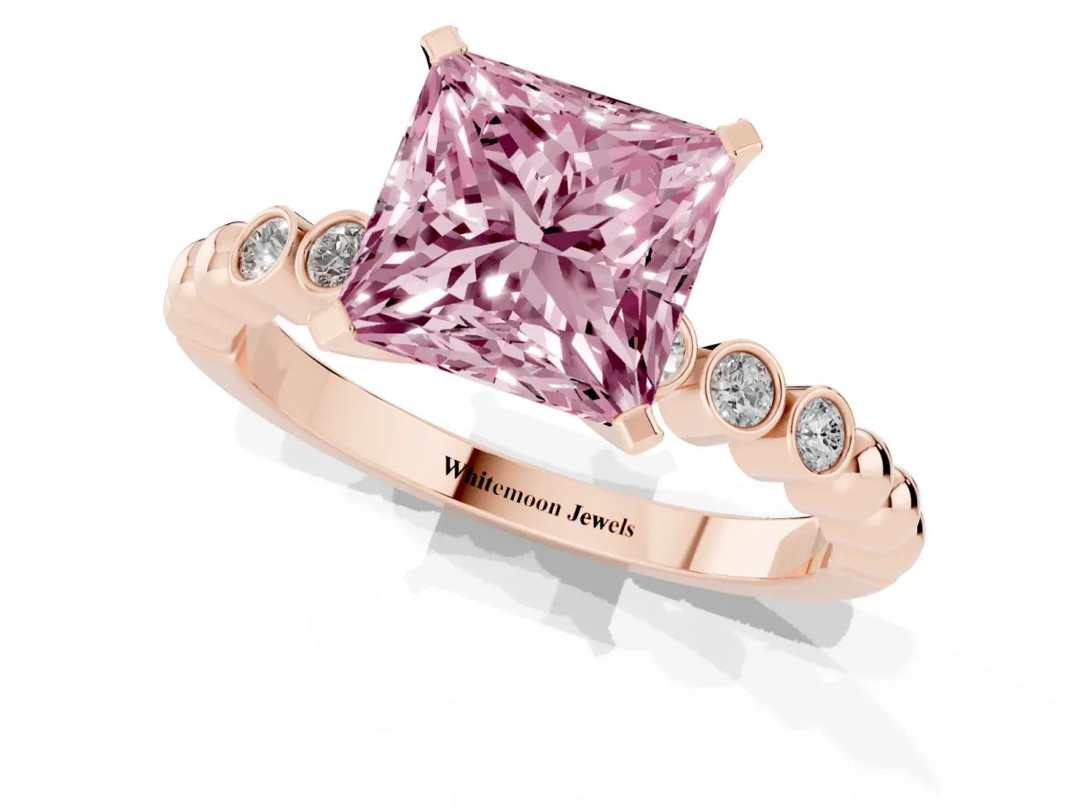 Fancy Pink Princess Cut Solitaire Bezel Accent Diamond Engagement Ring with Beaded Band and Four-Prong Setting Rose gold