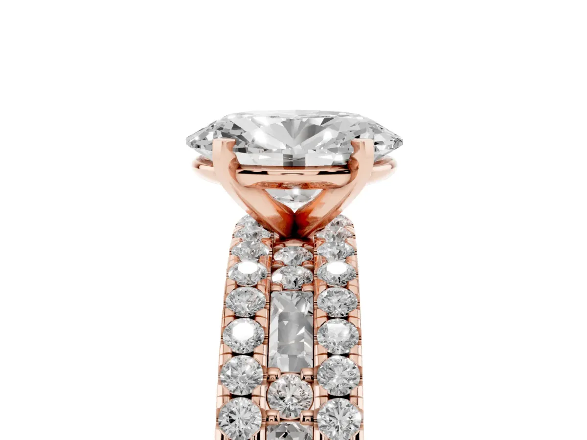 Oval Cut Diamond Solitaire Ring with Pavé and Channel Set Band Rose gold