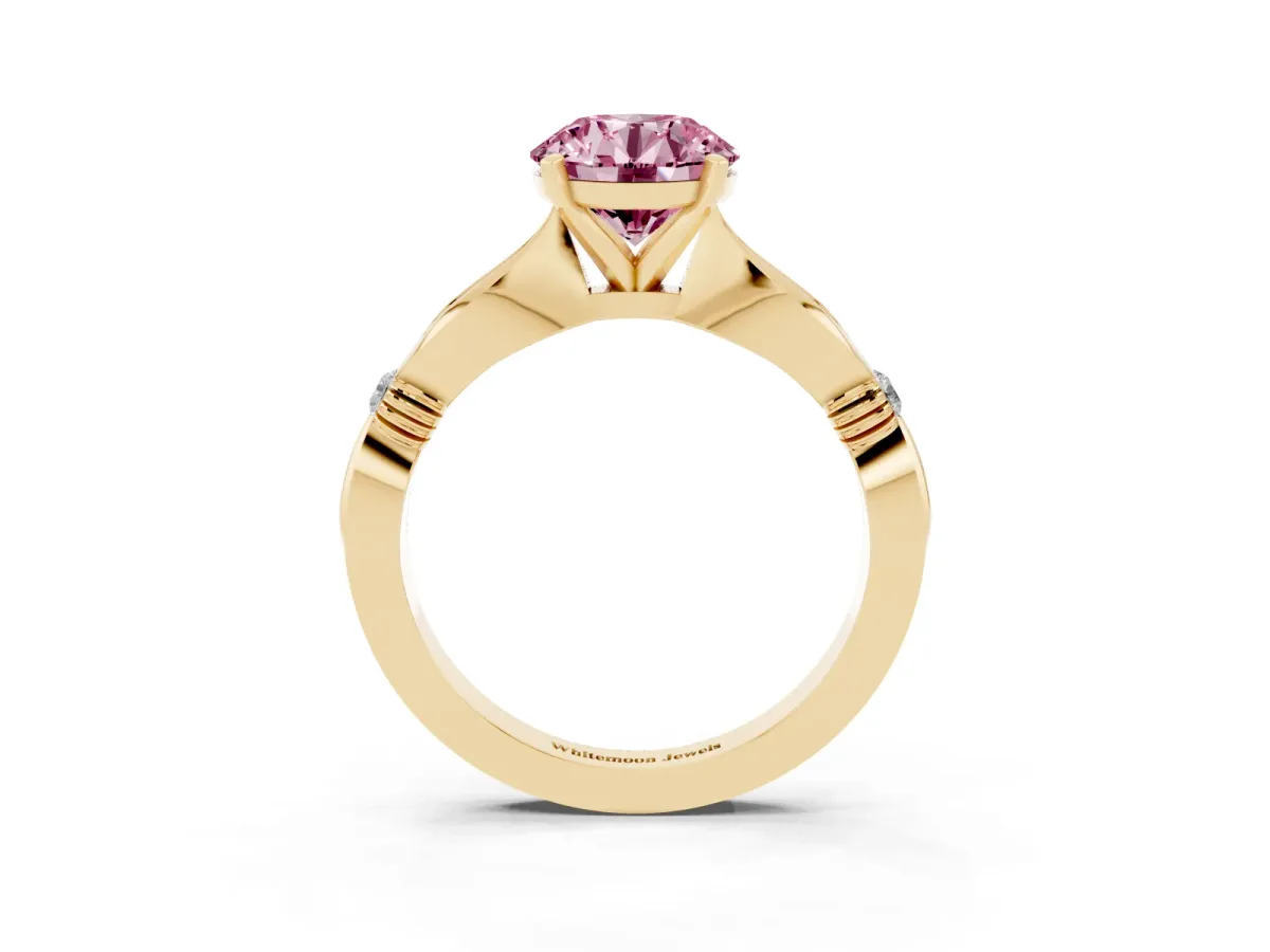 Fancy Pink Round Cut Solitaire Diamond Twisted Band with Four-Prong Setting Yellow gold