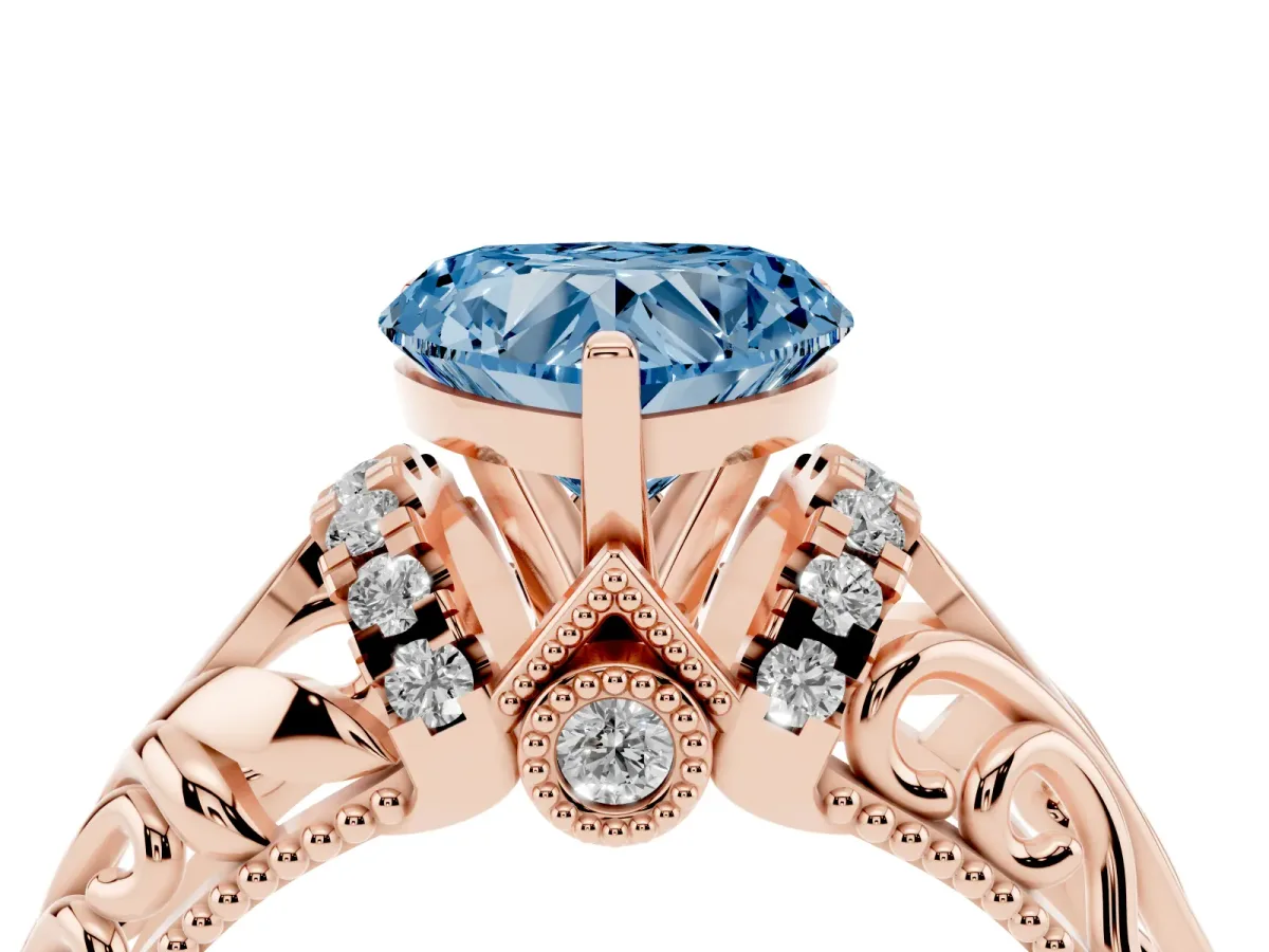 Fancy Blue Heart Cut Solitaire Filigree Engagement Ring with Halo and Prong Setting Rose gold