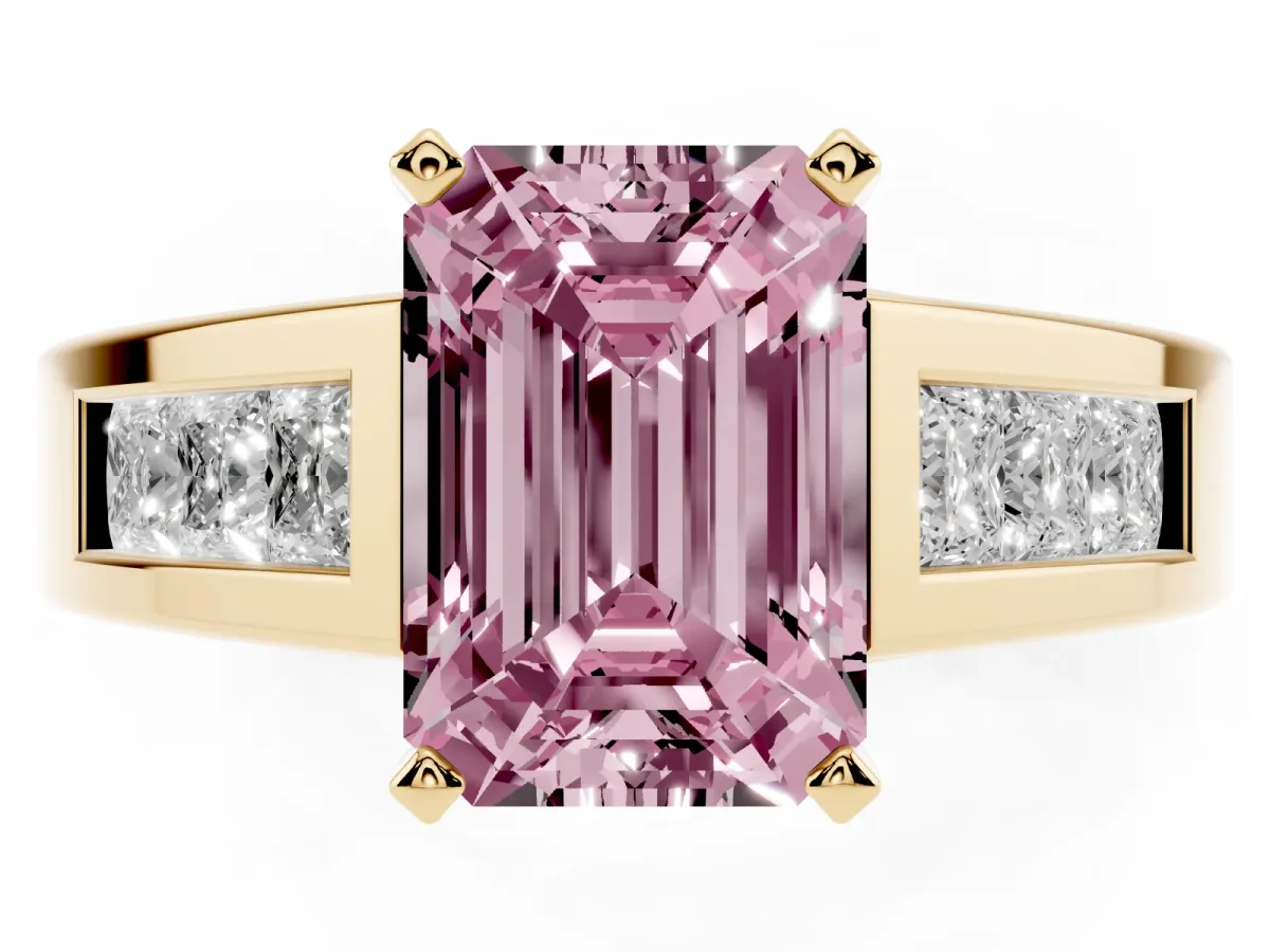 Fancy Pink Emerald Cut Cut Channel Set Solitaire Ring with Four-Prong Setting Yellow gold