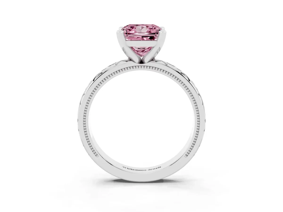 Fancy Pink Princess Cut Solitaire Engagement Ring with Scrollwork Band and Four-Prong Setting Silver