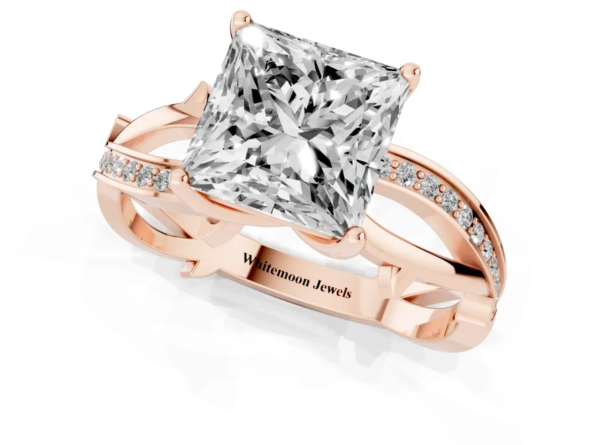Princess Cut Solitaire Twist Band with Pavé Accents and Four-Prong Setting Rose gold