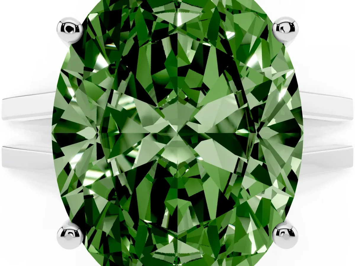 Fancy Green Oval Cut Cut Diamond Solitaire Engagement Ring with Tapered Plain Band and Four-Prong Setting Silver