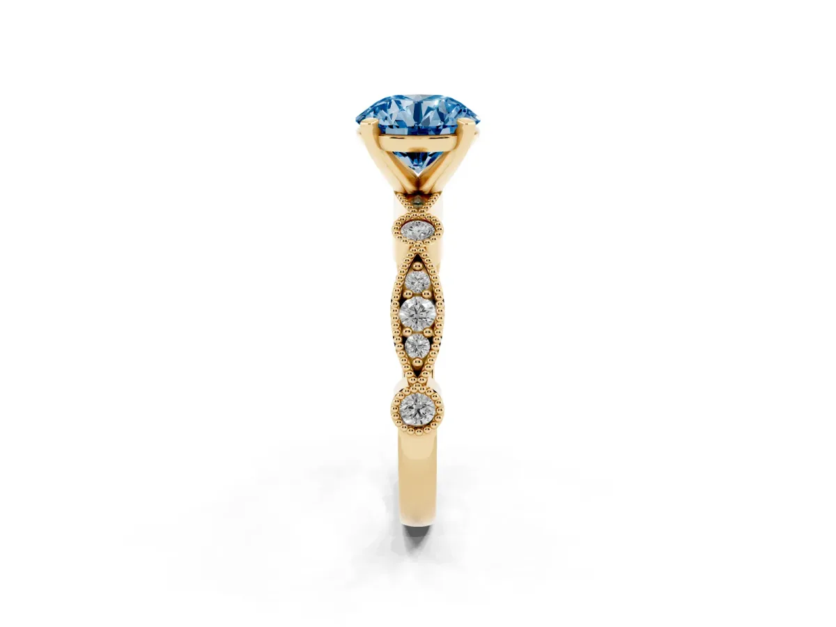 Fancy Blue Round Cut Milgrain Bezel Diamond Engagement Ring with Solitaire Prong Setting Yellow gold