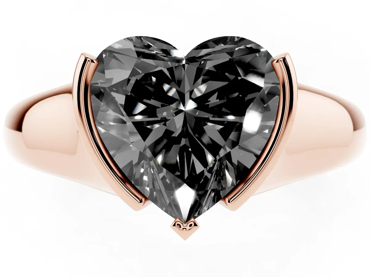 Fancy Black Heart Cut Solitaire Tension Set Diamond Ring with Split Shank Band Rose gold