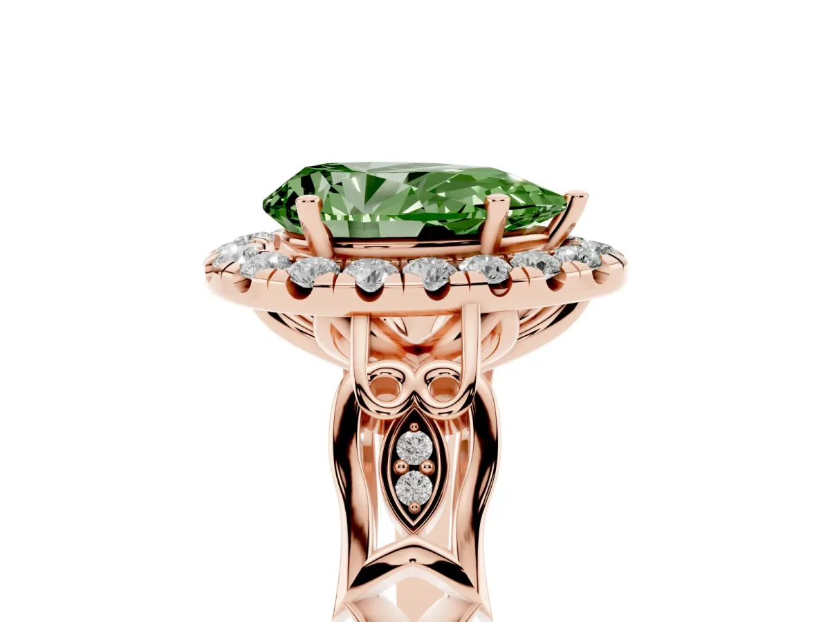 Fancy Green Pear Cut Halo Diamond Engagement Ring with Filigree Band and Four-Prong Setting Rose gold