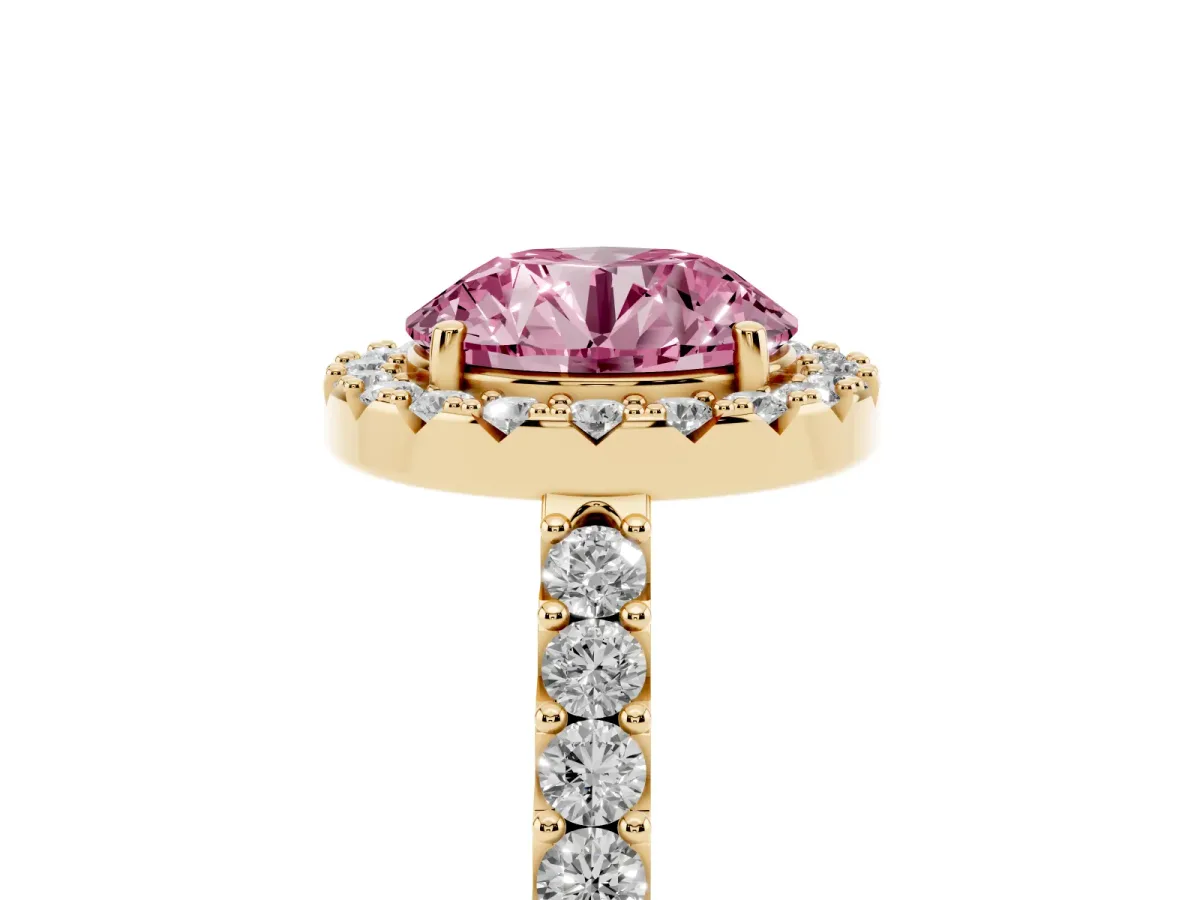 Fancy Pink Round Cut Halo Diamond Pavé Solitaire Ring Yellow gold