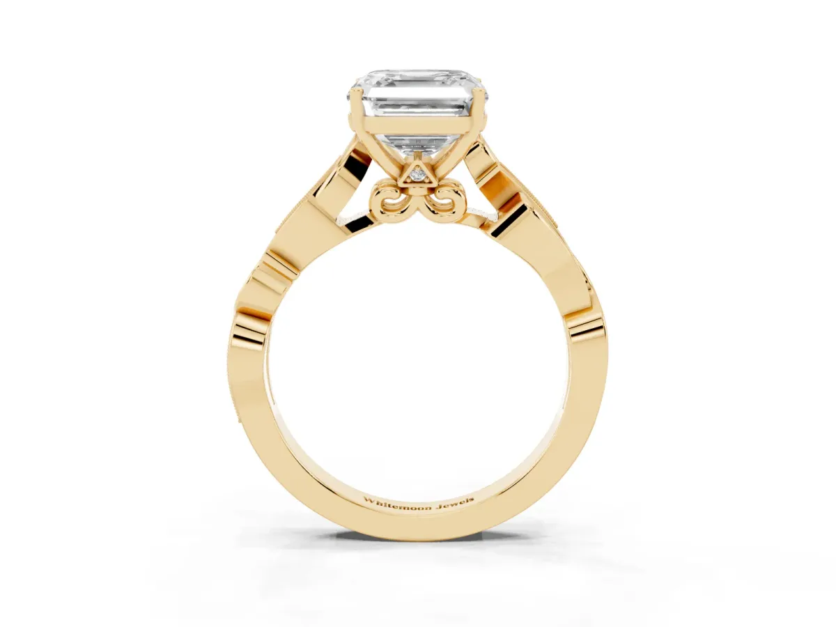 Asscher Cut Solitaire Vine Band with Milgrain Prong Setting Yellow gold