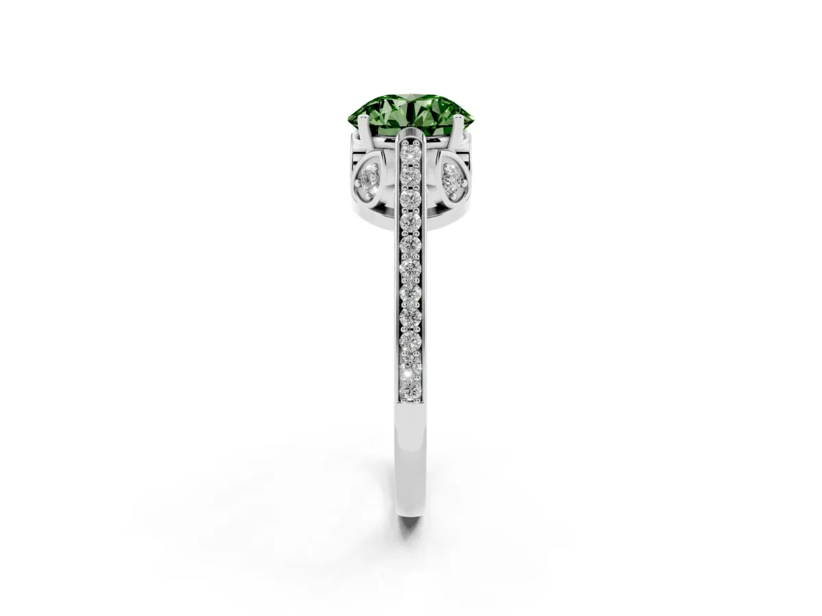 Fancy Green Round Cut Cut Cathedral Pave Diamond Engagement Ring with Six-Prong Setting Silver