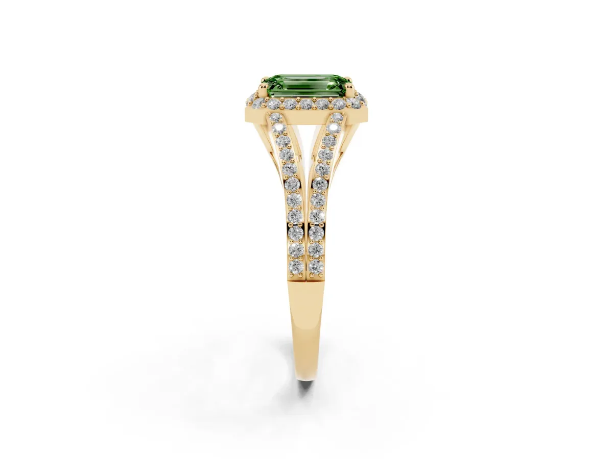Fancy Green Emerald Cut Halo Split Shank Pave Diamond Ring with Four-Prong Setting Yellow gold