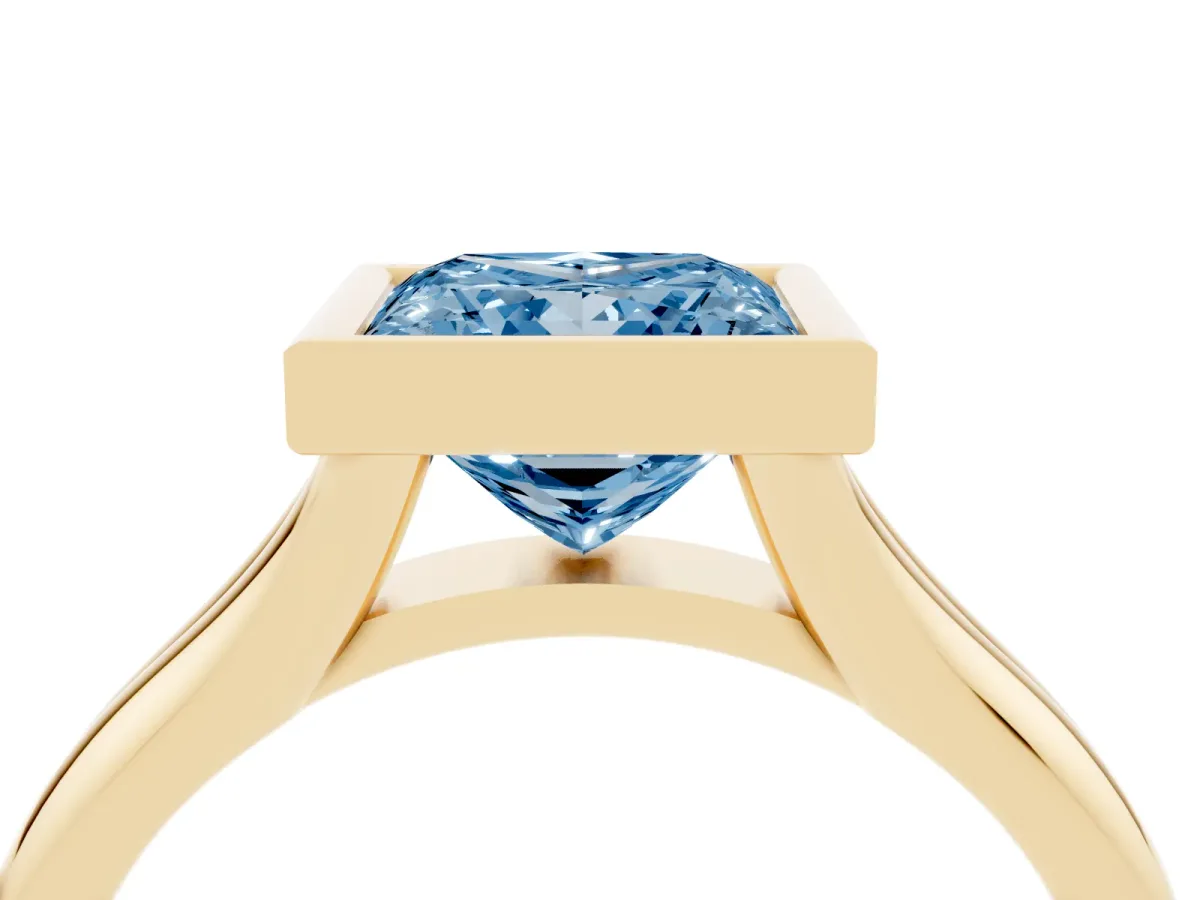 Fancy Blue Bezel Set Princess Cut Solitaire Diamond Ring with Smooth Band Yellow gold