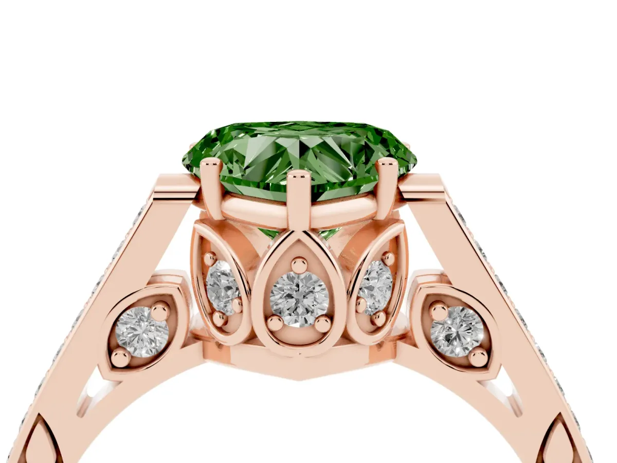 Fancy Green Heart Cut Cut Cathedral Pave Diamond Engagement Ring with Six-Prong Setting Rose gold