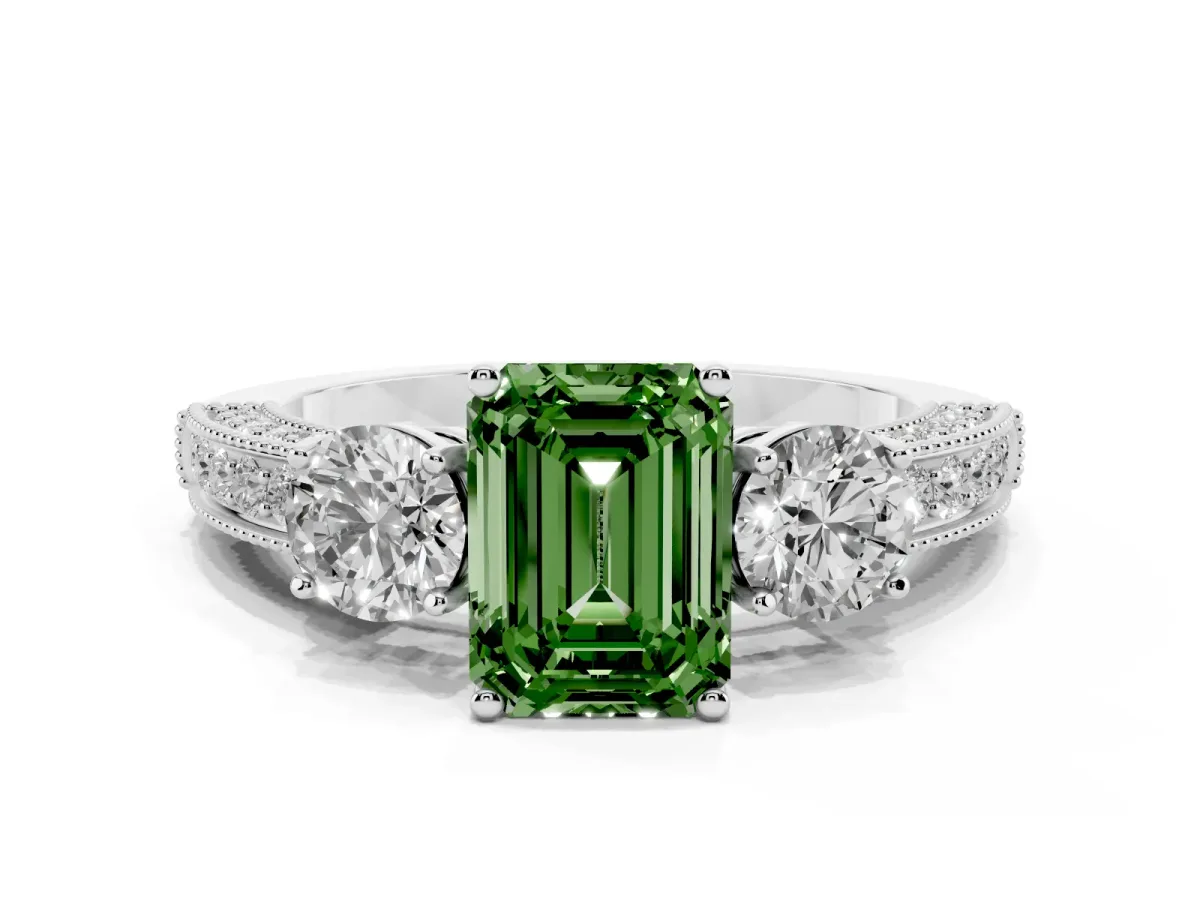 Fancy Green Emerald Cut Three-Stone Diamond Ring with Pavé Band and Four-Prong Setting Silver