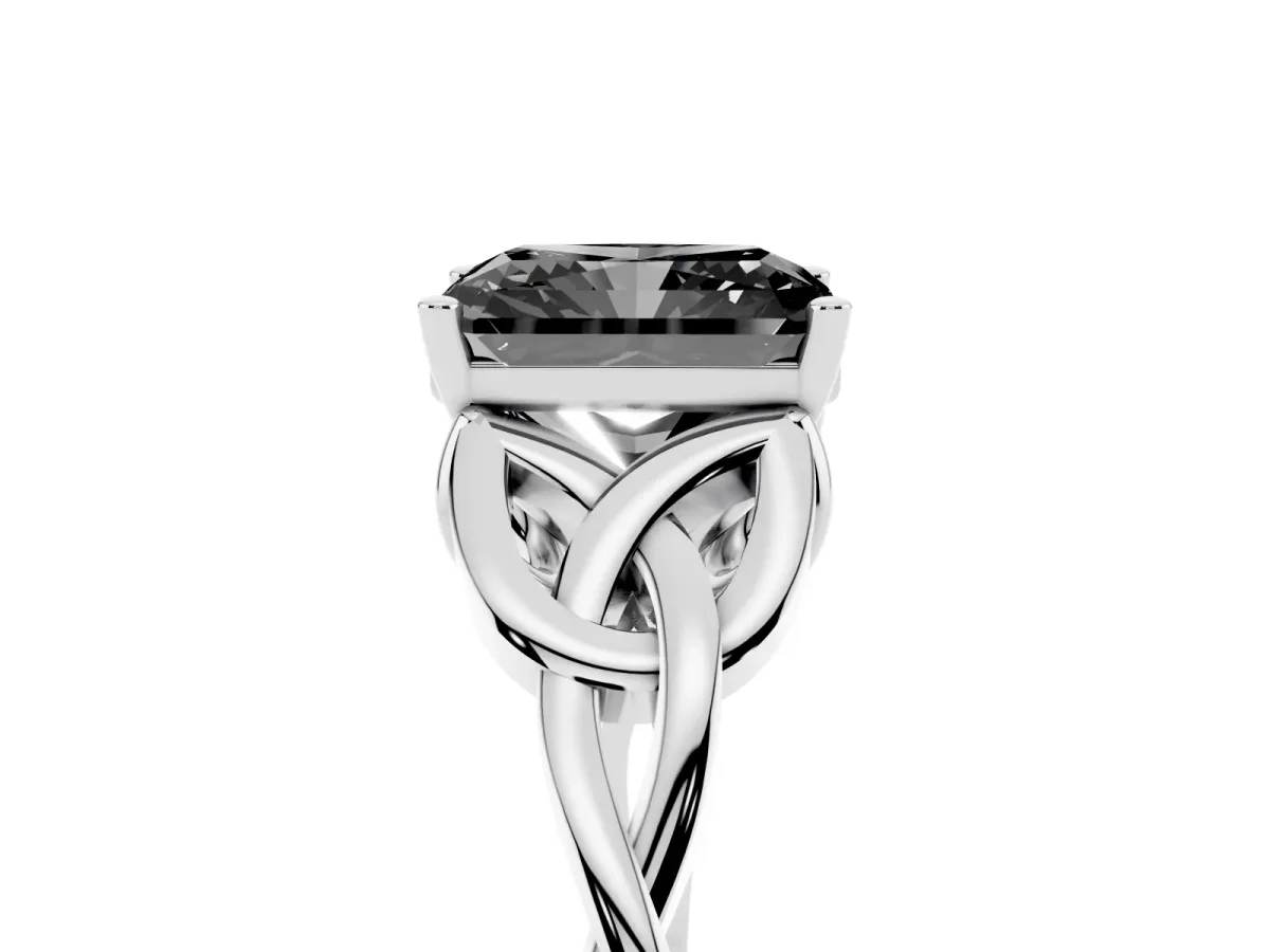 Fancy Black Radiant Cut Diamond Solitaire Engagement Ring with Celtic Knot Band and Four-Prong Setting White gold
