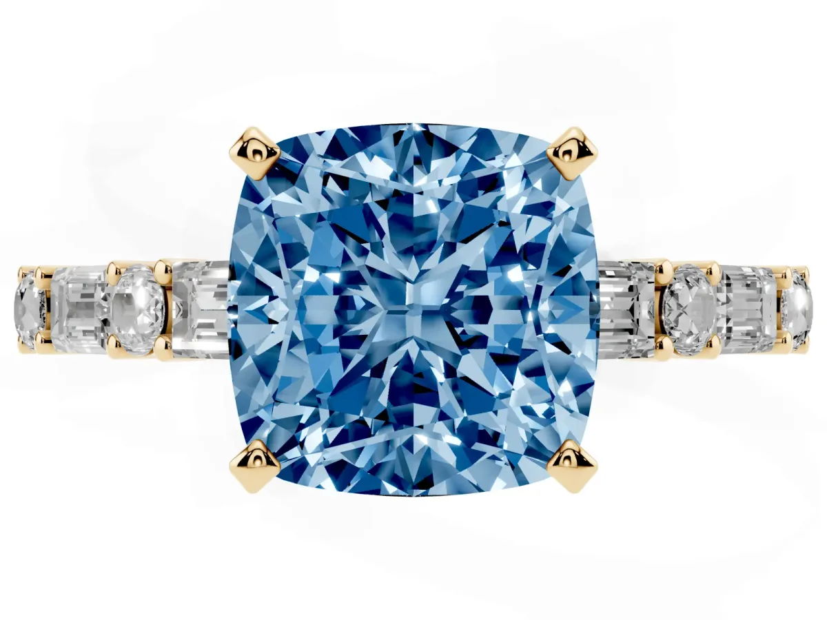 Fancy Blue Cushion Cut Diamond Solitaire with Side Baguettes and Channel Set Band Yellow gold
