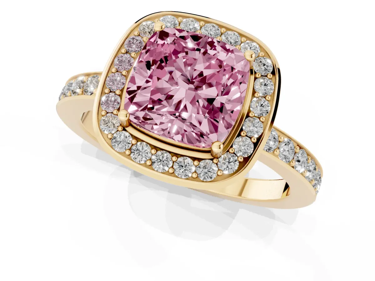 Fancy Pink Cushion Cut Diamond Halo Ring with Bezel Frame and Pavé Band Yellow gold