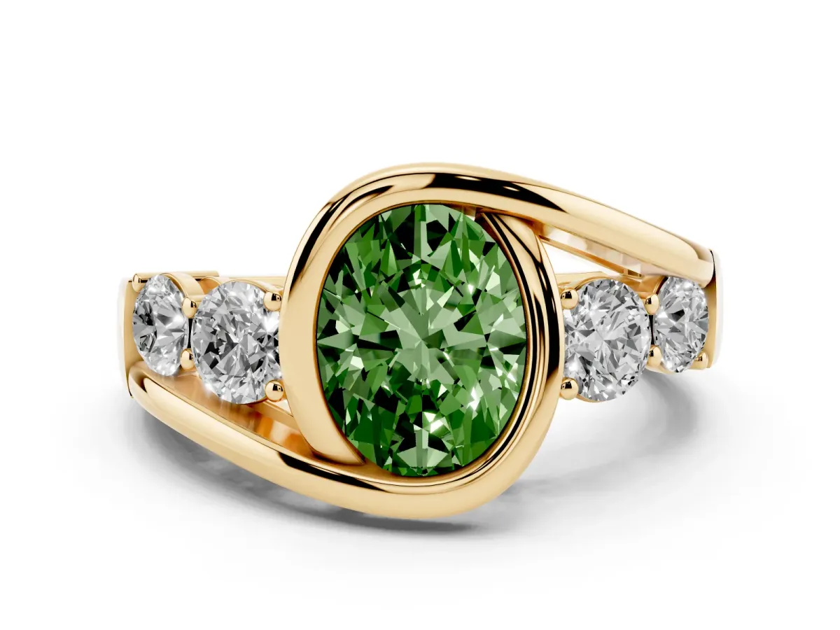 Fancy Green Bezel Set Oval Cut Diamond Bypass Ring with Round Accents Yellow gold
