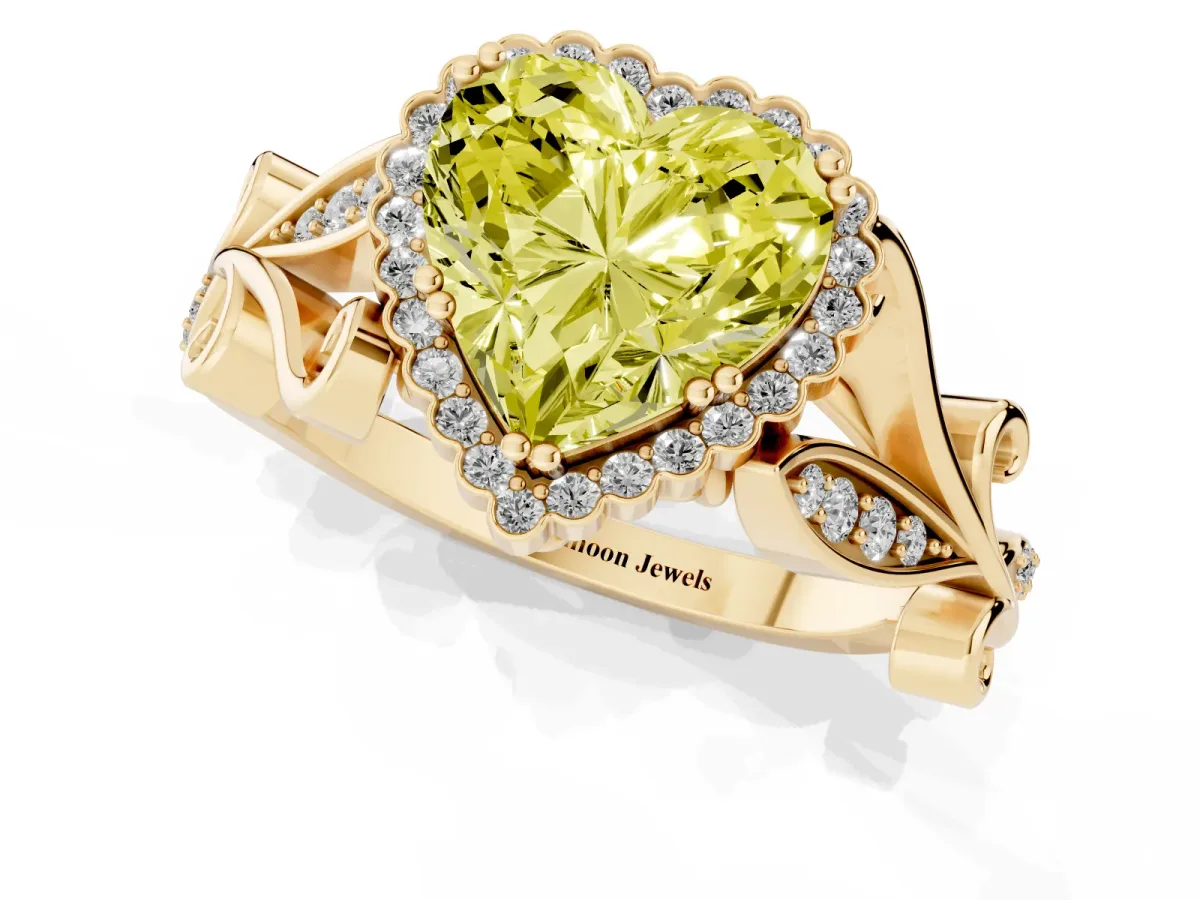 Fancy Yellow Heart Cut Diamond Halo Ring with Vintage Split Shank and Four-Prong Setting Yellow gold
