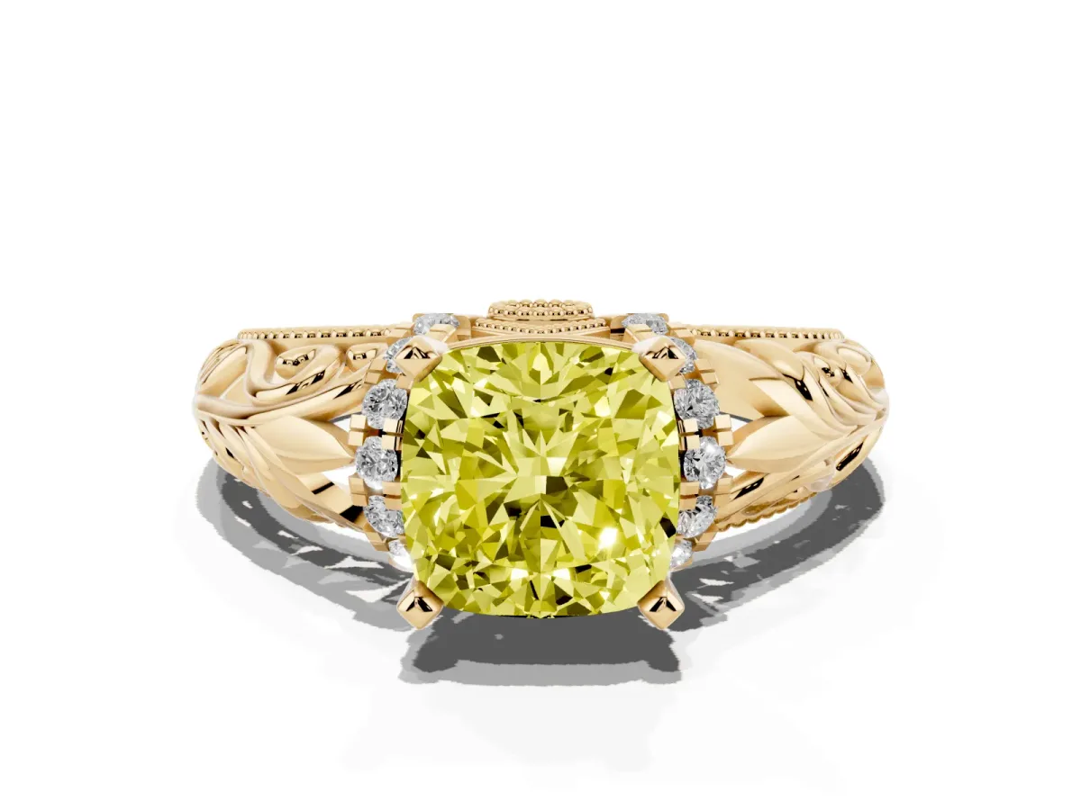 Fancy Yellow Cushion Cut Solitaire Filigree Engagement Ring with Halo and Prong Setting Yellow gold