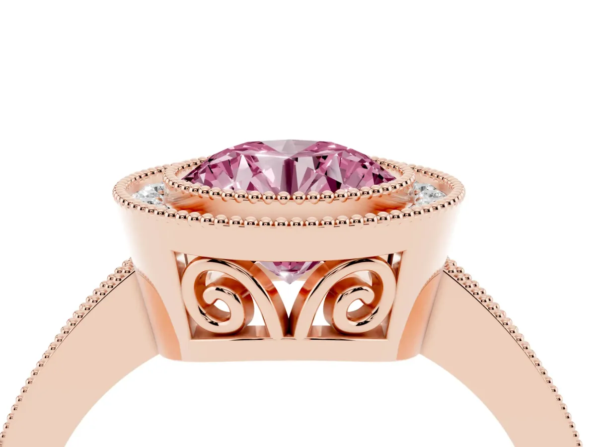 Fancy Pink Round Cut Cut Halo Diamond Ring with Pavé Band and Milgrain Prong Setting Rose gold
