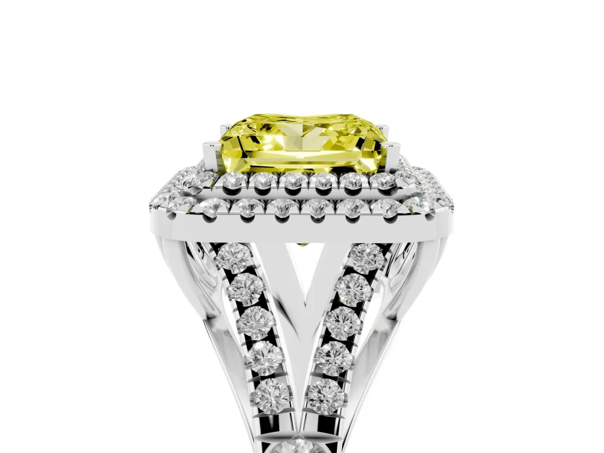 Fancy Yellow Princess Cut Diamond Double Halo Ring with Split Shank and Prong Setting Platinum