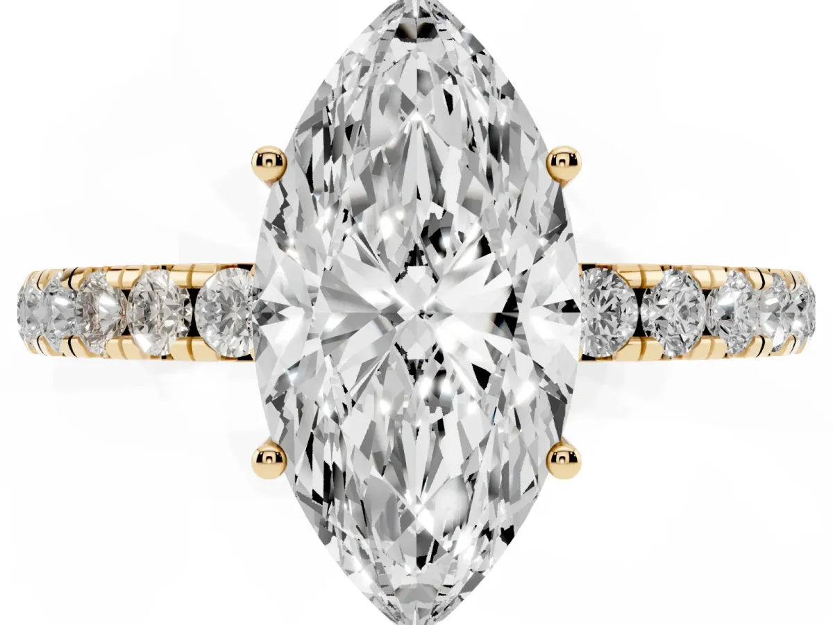 Marquise Cut Diamond Pavé Solitaire Engagement Ring with Four-Prong Setting Yellow gold