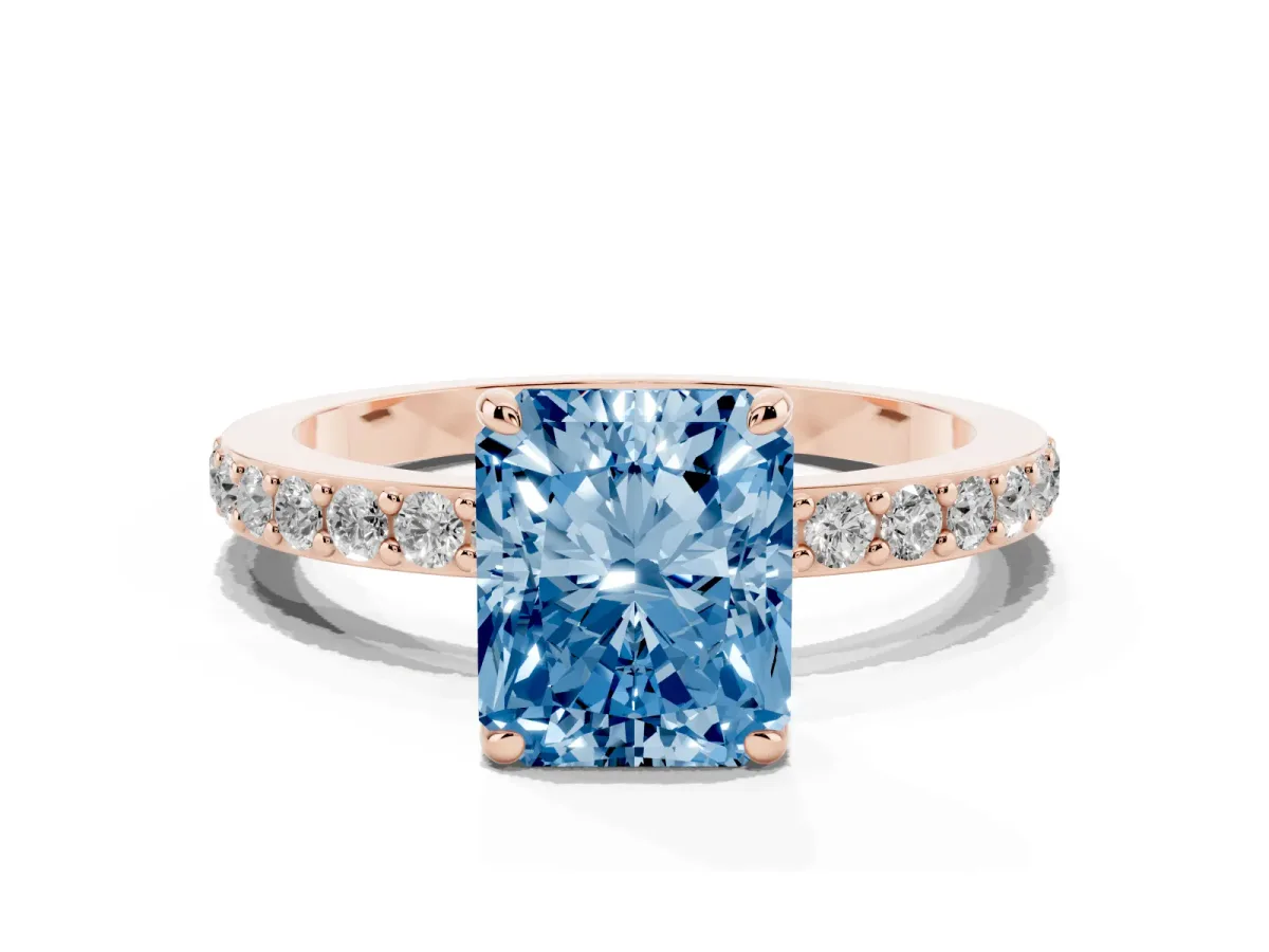Fancy Blue Radiant Cut Diamond Pavé Engagement Ring with Round Accents and Prong Setting Rose gold