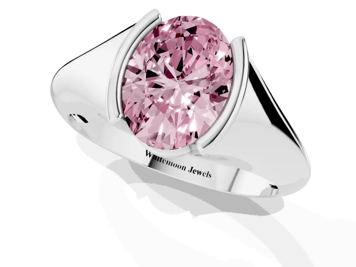 Fancy Pink Oval Cut Solitaire Tension Set Diamond Ring Silver