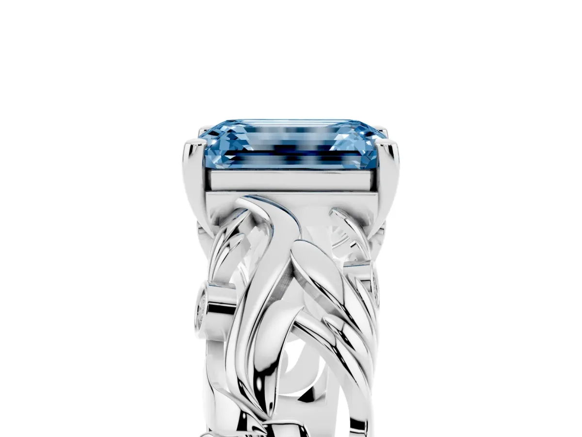 Fancy Blue Emerald Cut Solitaire Diamond Leaf-Inspired Vine Band Ring with Prong Setting Platinum