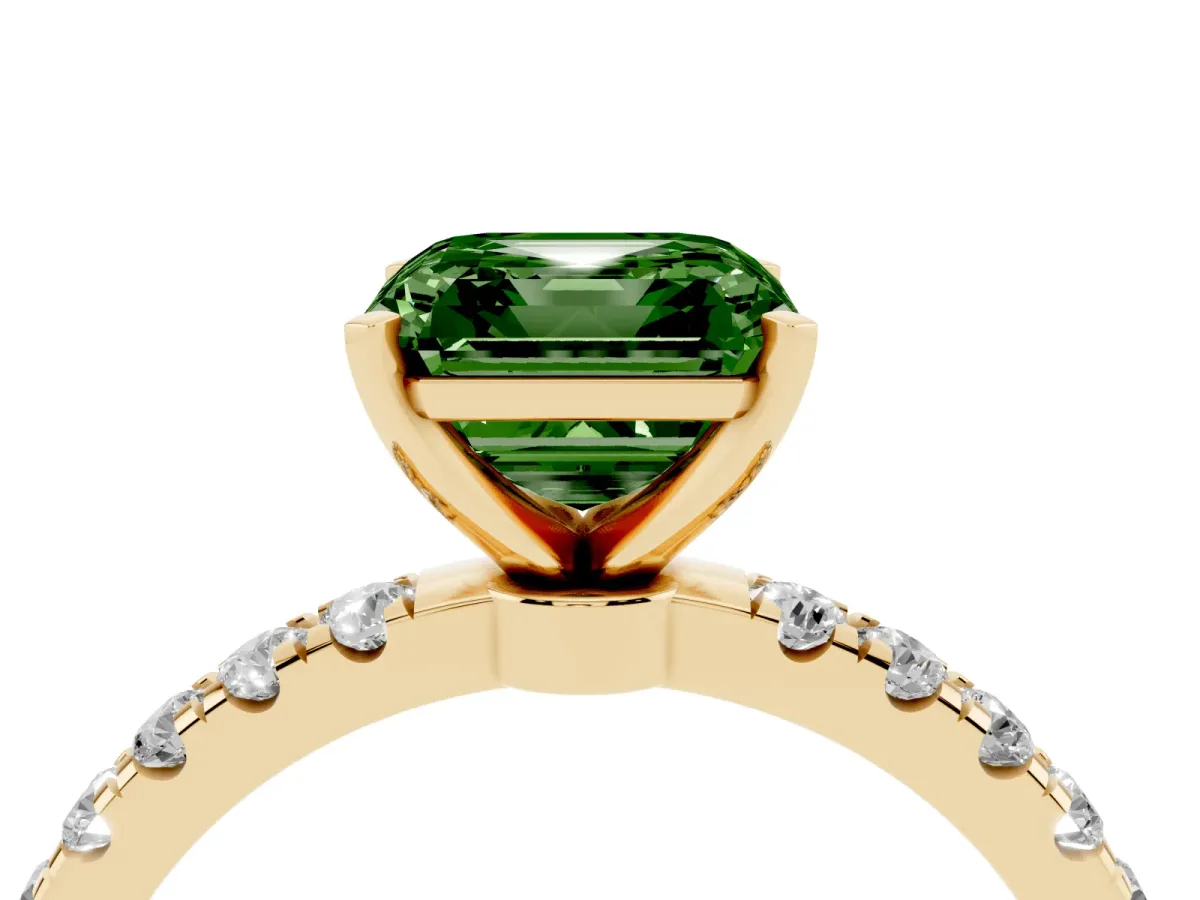 Fancy Green Asscher Cut Diamond Solitaire Ring with Pavé Accents and Four-Prong Setting Yellow gold