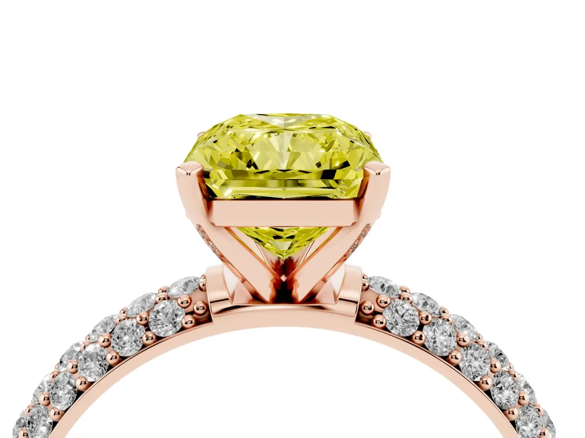 Fancy Yellow Radiant Cut Diamond Solitaire Ring with Prong Setting and Pavé Band Rose gold