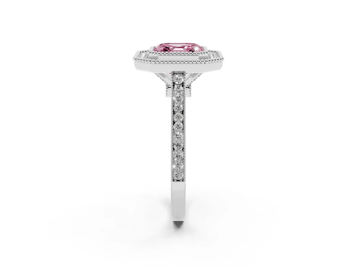 Fancy Pink Asscher Cut Diamond Halo Ring with Milgrain Frame and Pavé Band Silver