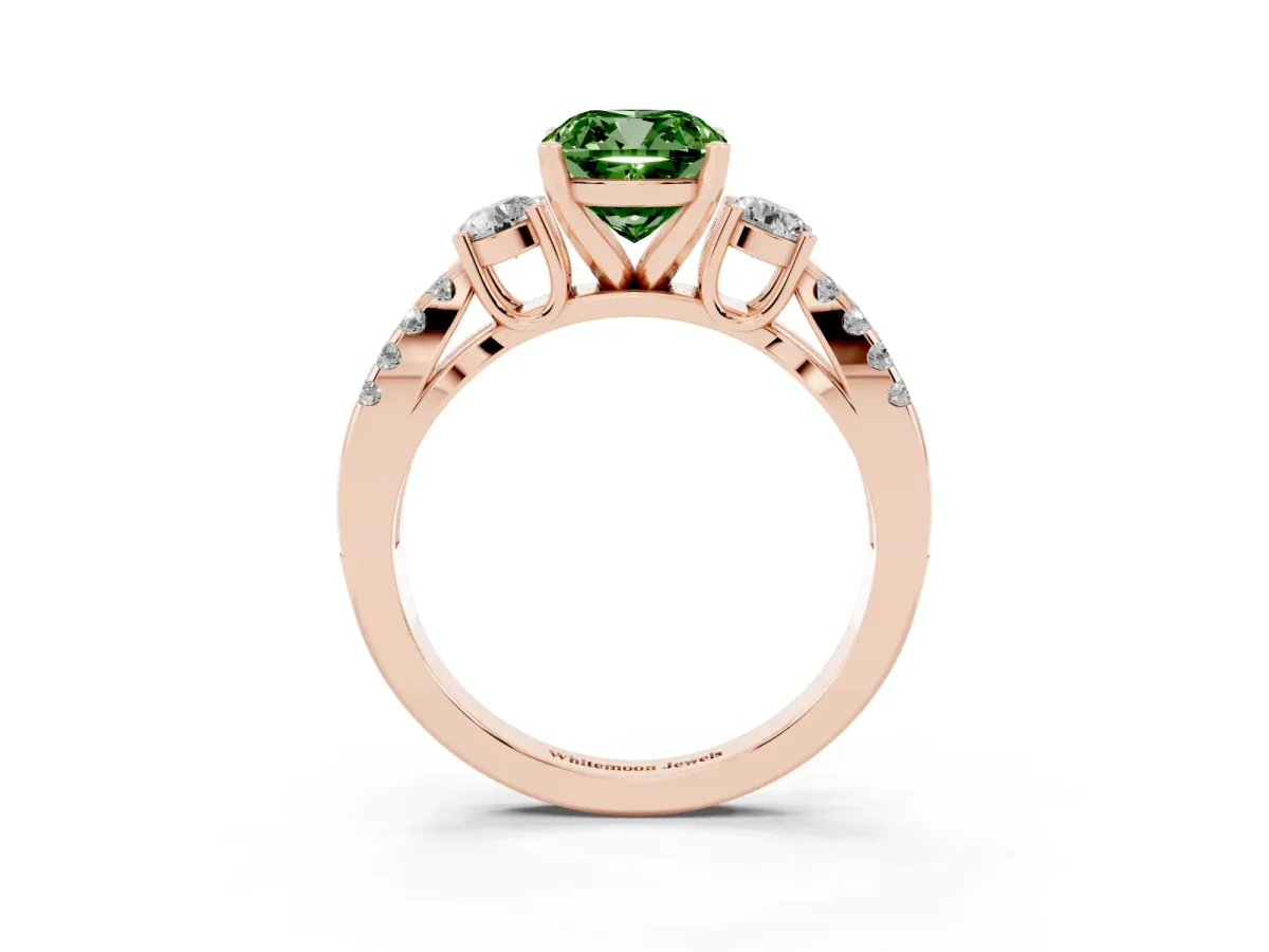Fancy Green Cushion Cut Diamond Three-Stone Ring with Pavé Split Shank and Four-Prong Setting Rose gold