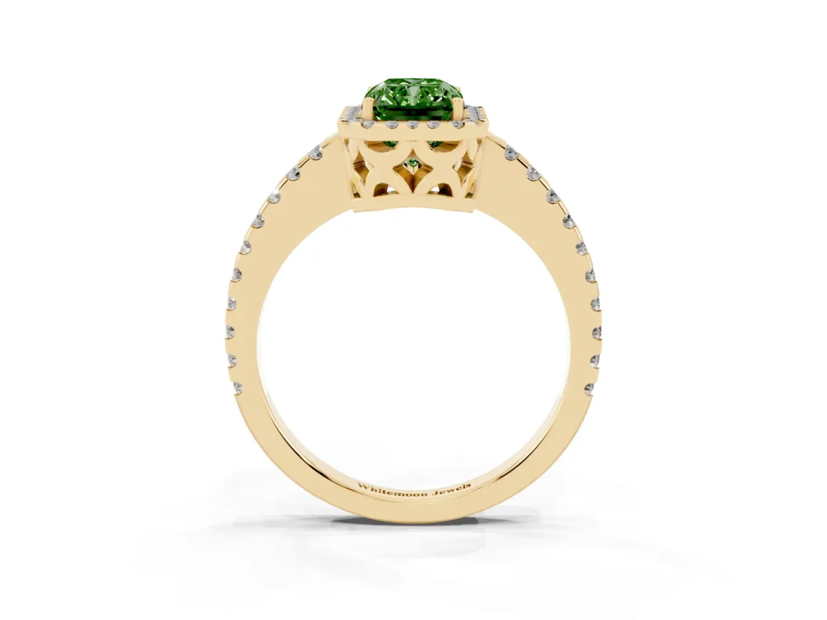 Fancy Green Radiant Cut Diamond Halo Engagement Ring with Pavé Band and Prong Setting Yellow gold