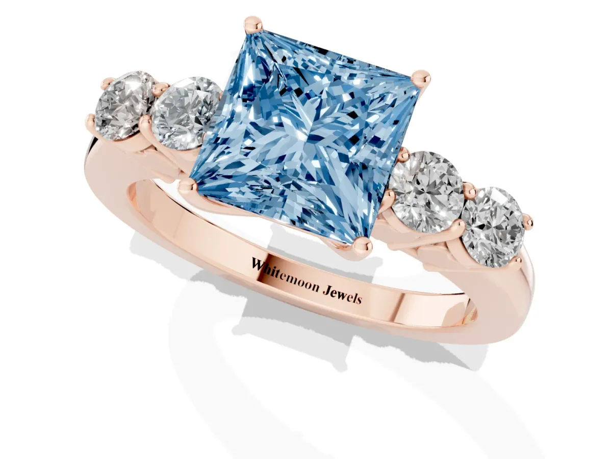 Fancy Blue Princess Cut Cut Diamond Five-Stone Prong Set White Gold Ring Rose gold