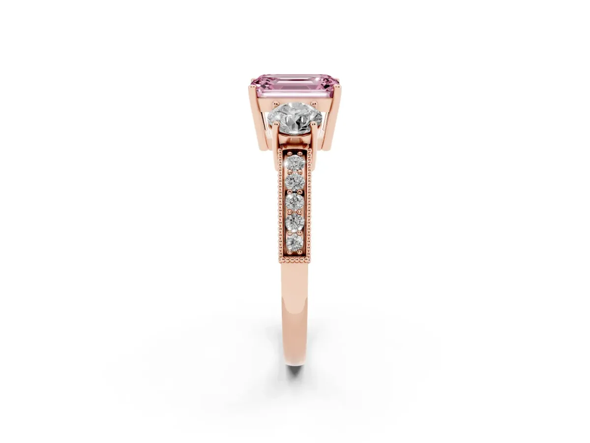 Fancy Pink Emerald Cut Three-Stone Diamond Ring with Pavé Band and Four-Prong Setting Rose gold
