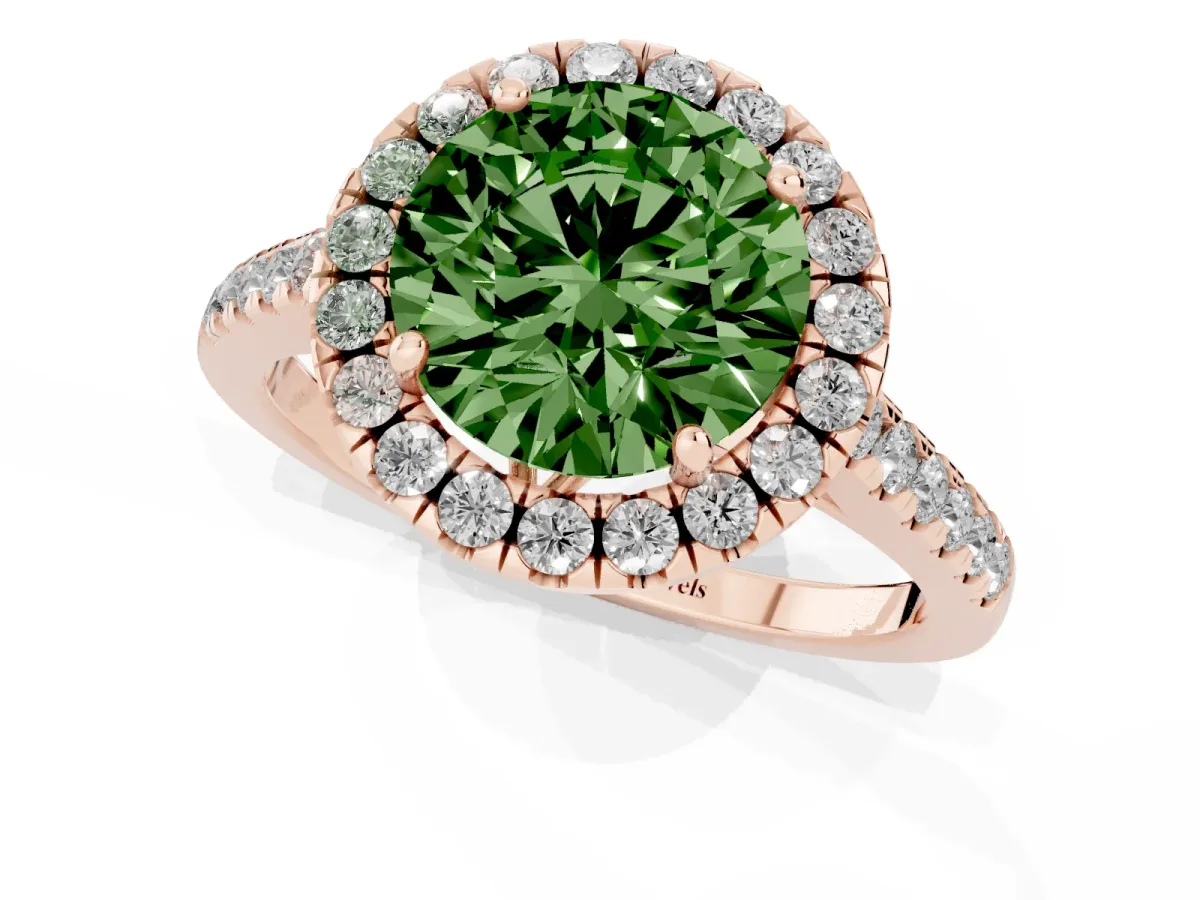 Fancy Green Round Cut Halo Pavé Diamond Engagement Ring with Four-Prong Setting Rose gold