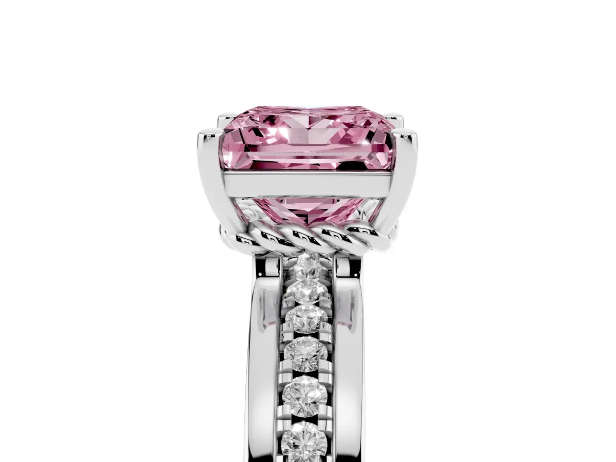 Fancy Pink Princess Cut Solitaire Diamond Ring with Channel Set Band and Six-Prong Setting Silver