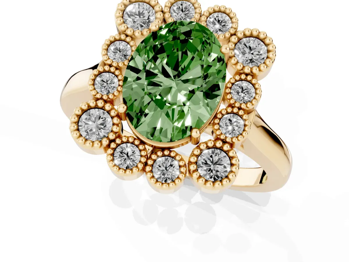 Fancy Green Oval Cut Halo Diamond Cluster Engagement Ring with Milgrain Bezel Setting and Solitaire Band Yellow gold