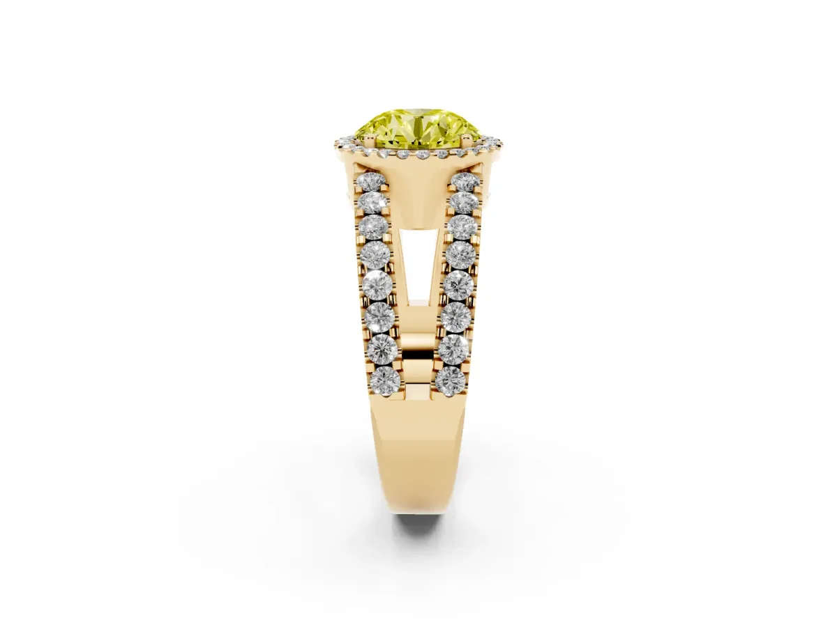 Fancy Yellow Round Cut Cut Halo Split Shank Diamond Ring with Four-Prong Setting Yellow gold