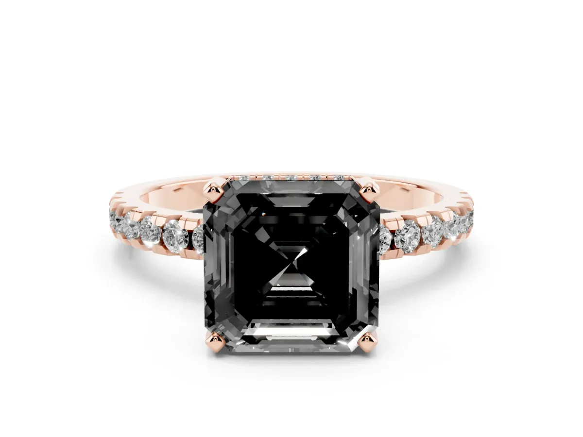 Fancy Black Asscher Cut Diamond Solitaire Ring with Round Pavé Band and Four-Prong Setting Rose gold