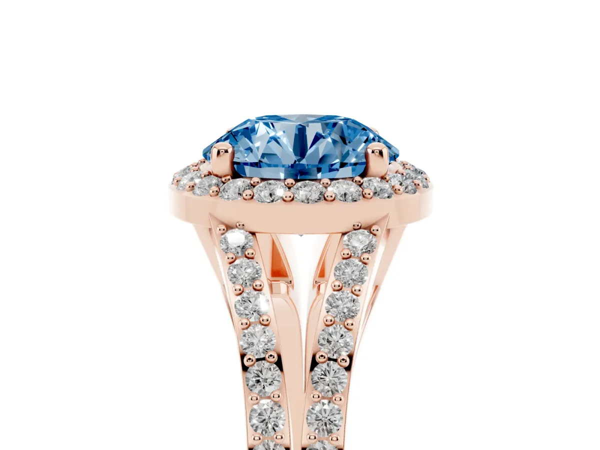 Fancy Blue Round Cut Halo Split Shank Diamond Ring with Prong Setting Rose gold