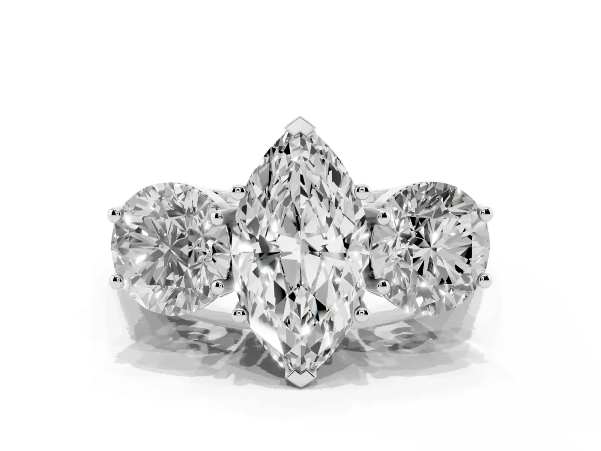 Three-Stone Marquise Cut Diamond Engagement Ring with Prong Setting on a Classic Band Silver