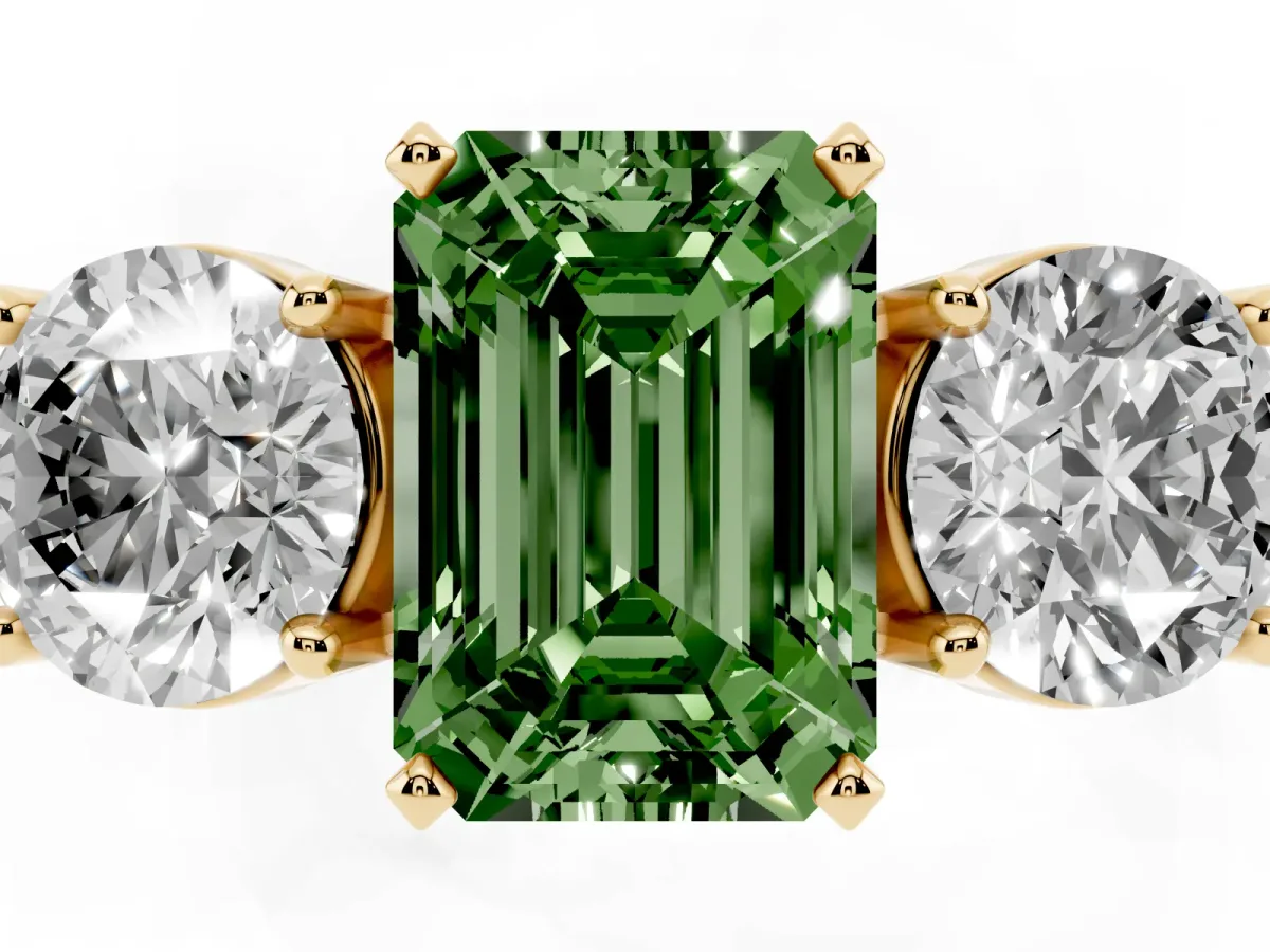 Fancy Green Three-Stone Emerald Cut Diamond Ring with Round Side Stones, Classic Band, and Four-Prong Setting Yellow gold